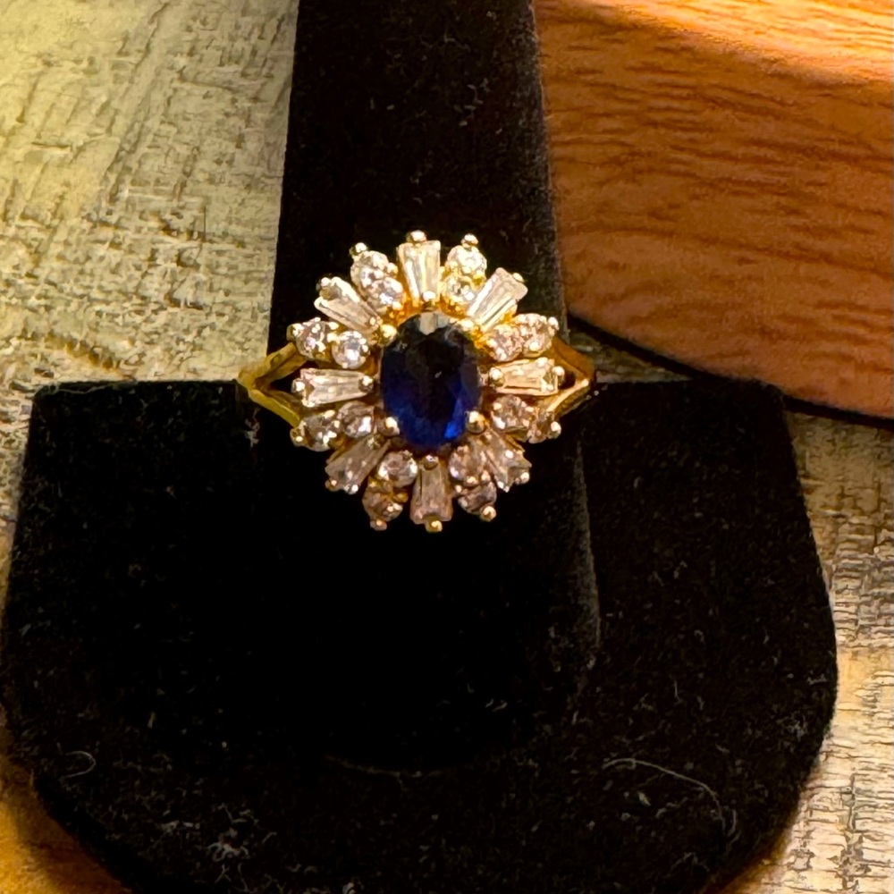Gold Plated Blue Sapphire Halo Ring with Clear Accents Jackie Kennedy Collection